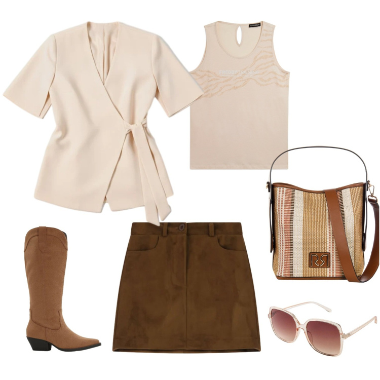 Outfit donna - Total look #2333312. Stile Casual per Tutti i giorni. Abbinamento con occhiali da sole, stivali, minigonne, borse a secchiello, bluse, canottiere.