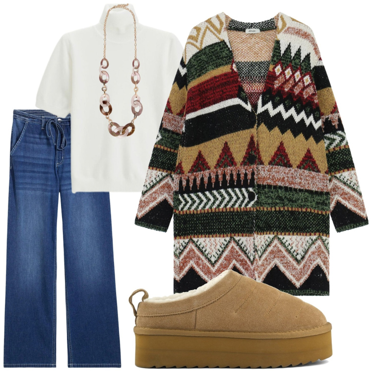 Outfit donna - “Calore Nomade”. Stile Vintage retrò per Tutti i giorni. Abbinamento con jeans dritti, maglieria, cappotti, berretti, sabot, collane.