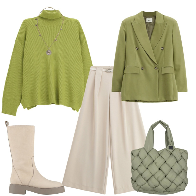 Outfit donna - Green. Stile Casual per Tutti i giorni. Abbinamento con stivali, pantaloni a palazzo, maglieria, ciondoli, blazer, borse tote.