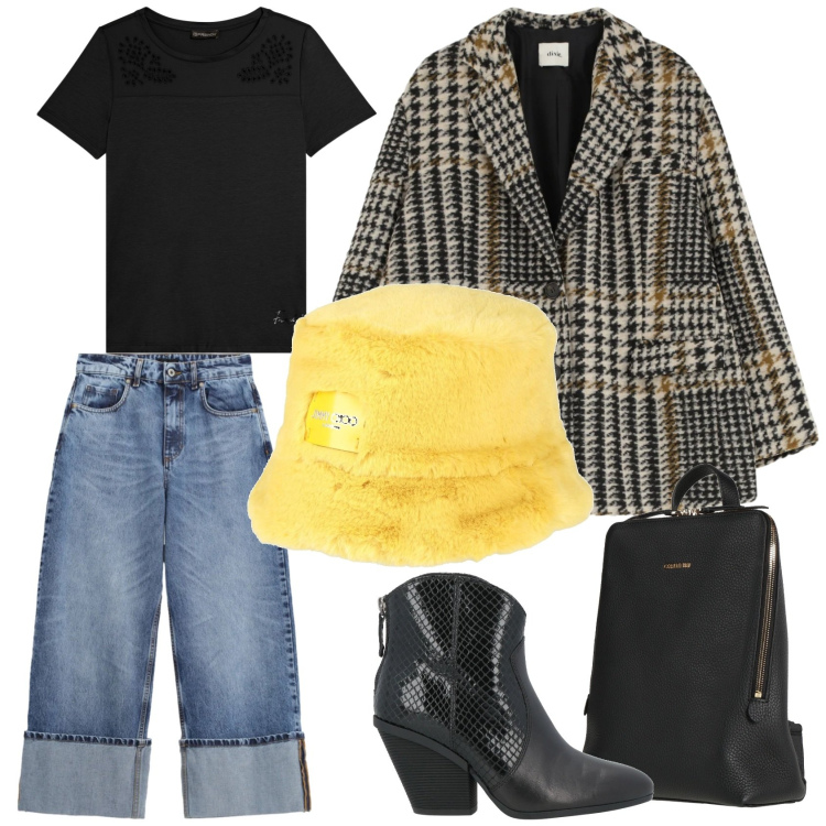 Outfit donna - Yellow winter. Stile Casual chic per Tutti i giorni. Abbinamento con stivaletti texani, cappelli, zaini, blazer, jeans, t-shirt.