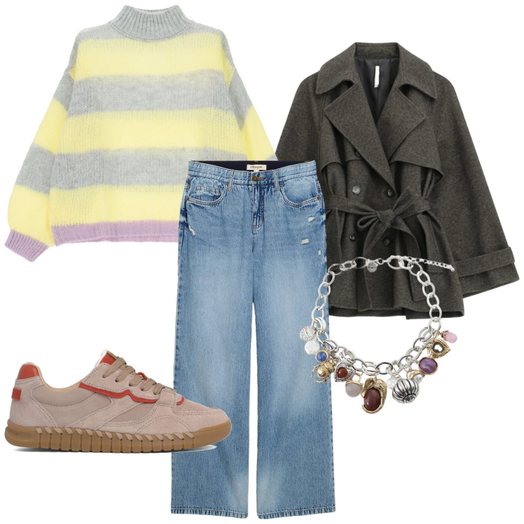 Outfit donna - Total look #2333319. Stile Basic per Tutti i giorni. Abbinamento con jeans, caban, braccialetti con ciondoli, maglieria, sneakers.