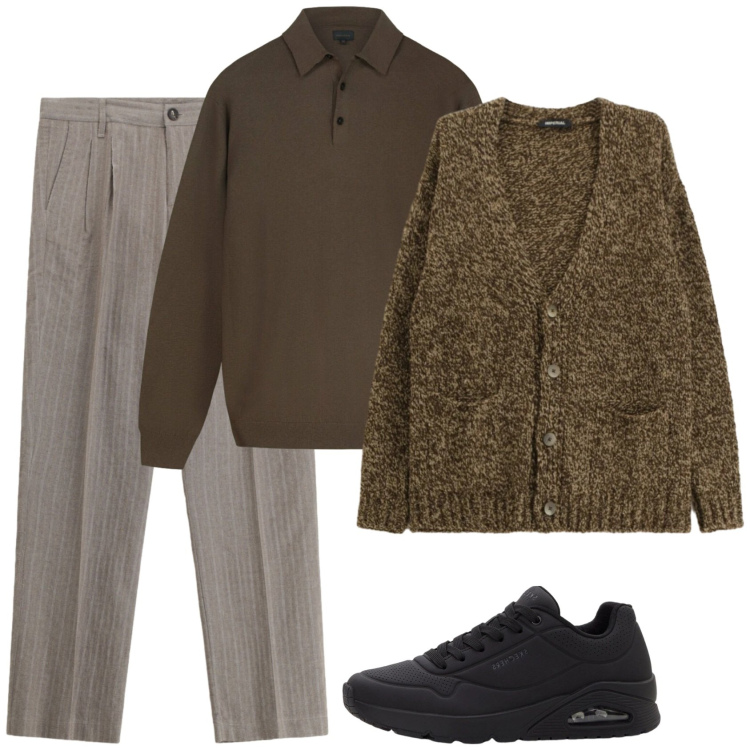 Outfit uomo - Cioccolata calda. Stile Trendy per Ufficio. Abbinamento con sneakers, cardigans, pantaloni, maglieria.