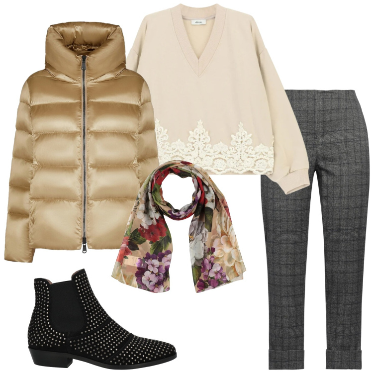 Outfit donna - Total look #2333329. Stile Romantica per Tutti i giorni. Abbinamento con pantaloni, stivaletti chelsea, sciarpe, felpe, piumini.