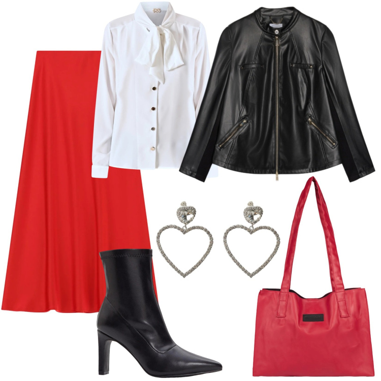 Outfit donna - San Valentino. Stile Trendy per Serata fuori. Abbinamento con stivaletti, gonne lunghe, orecchini, bluse, shopping bag, giacche.