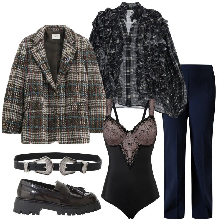 Outfit donna - Total look #2333332. Stile Mannish per Serata fuori. Abbinamento con body, camicie, cinture, mocassini, cappotti, pantaloni.