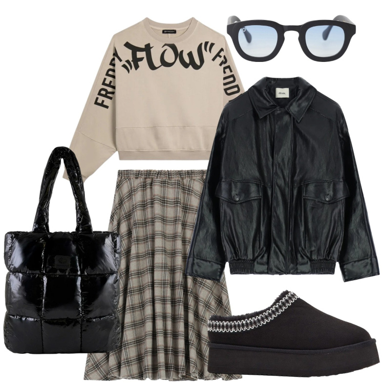 Outfit donna - Assemblaggio di stili. Stile Minimal per Tutti i giorni. Abbinamento con stivaletti, occhiali da sole, blazer, felpe, gonne longuette, shopping bag.