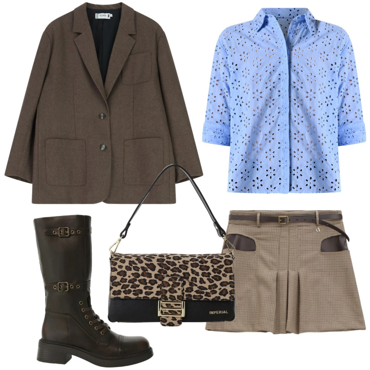 Outfit donna - Safari style. Stile Glamour per Tutti i giorni. Abbinamento con borse a spalla, stivali, minigonne, camicie, blazer.