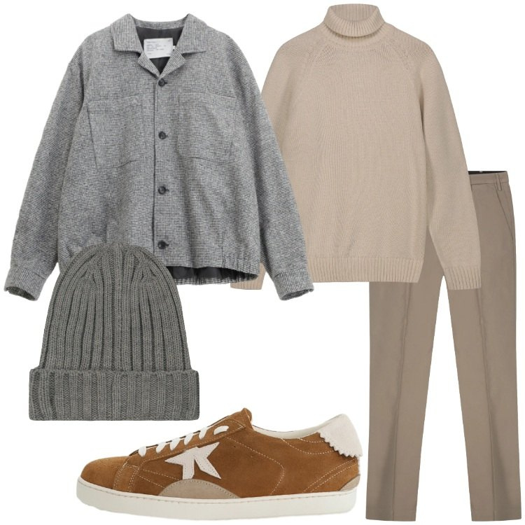 Outfit uomo - Colori neutri. Stile Trendy per Serata speciale. Abbinamento con sneakers, cappotti, berretti, pantaloni, pullovers.