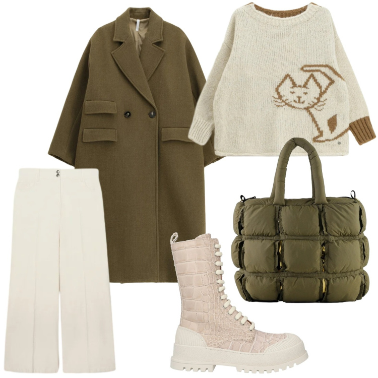 Outfit donna - La maglia cat. Stile Glamour per Tutti i giorni. Abbinamento con anfibi, cappotti, maglieria, borse a mano, pantaloni chino.