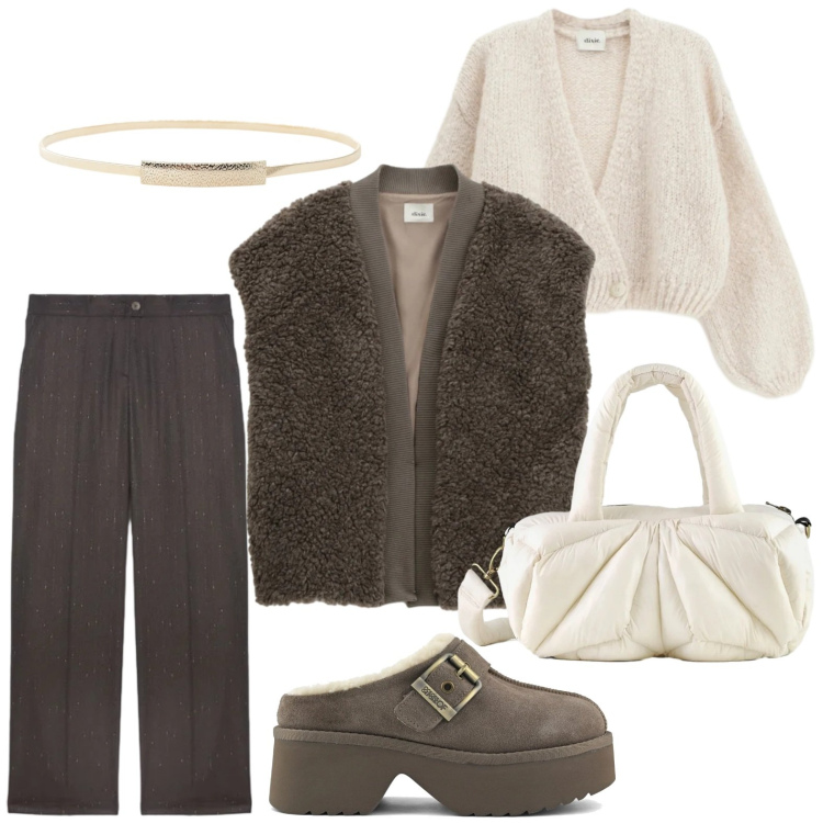 Outfit donna - La stagione del gilet. Stile Minimal per Tutti i giorni. Abbinamento con cinture, cardigans, gilet, borse a mano, sabot, pantaloni.