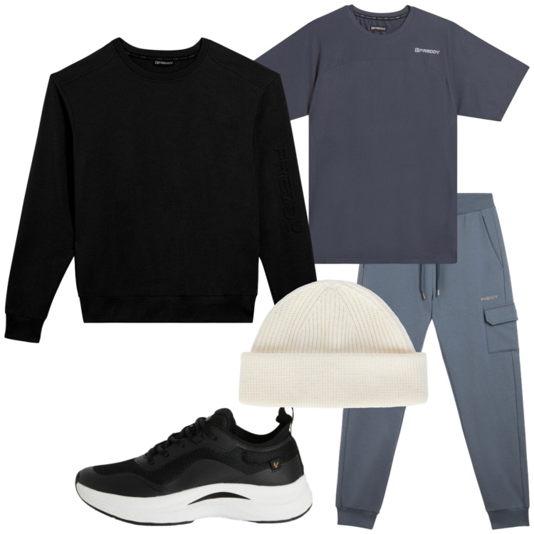 Outfit uomo - Al supermercato. Stile Casual per Tutti i giorni. Abbinamento con sneakers, pantaloni cargo, felpe, t-shirt sportive, berretti.