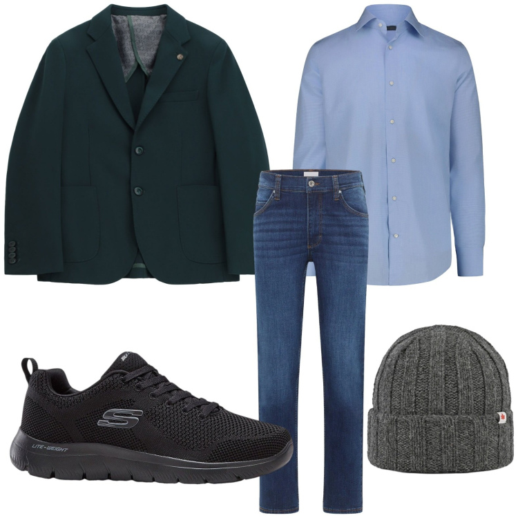 Outfit uomo - Look da rientro in ufficio. Stile Trendy per Ufficio. Abbinamento con sneakers, jeans dritti, giacche, berretti, camicie.