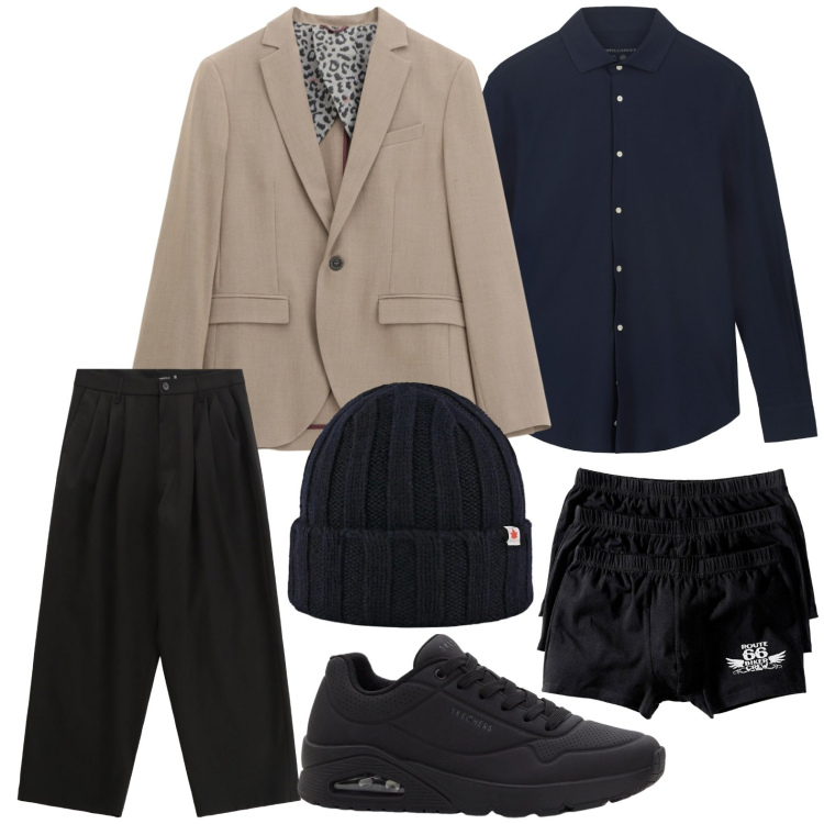 Outfit uomo - Casual raffinato. Stile Casual per Ufficio. Abbinamento con boxer, sneakers, giacche, pantaloni, berretti, camicie.