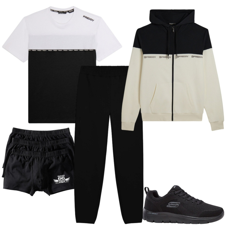 Outfit uomo - Sport. Stile Casual per Sport. Abbinamento con boxer, sneakers, pantaloni, felpe con cappuccio, t-shirt.