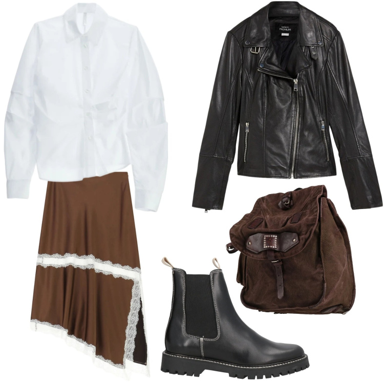 Outfit donna - Biker e zaino. Stile Casual per Tutti i giorni. Abbinamento con blazer, stivaletti chelsea, zaini, gonne longuette, camicie.