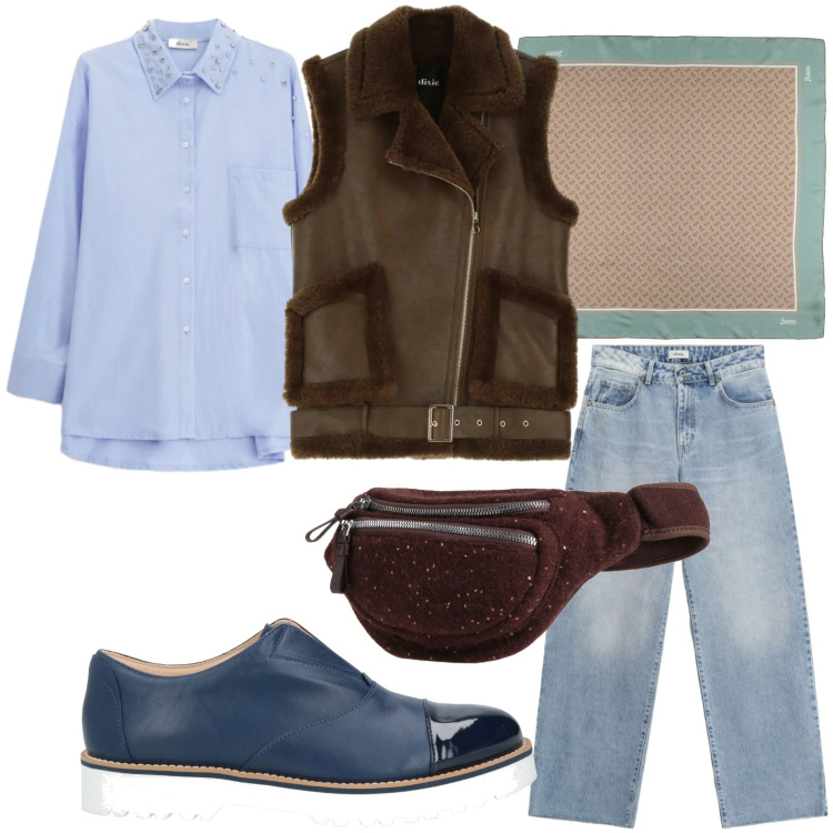 Outfit donna - Il giletbdi montone. Stile Minimal per Tutti i giorni. Abbinamento con mocassini, marsupi, sciarpe, jeans dritti, gilet, camicie.