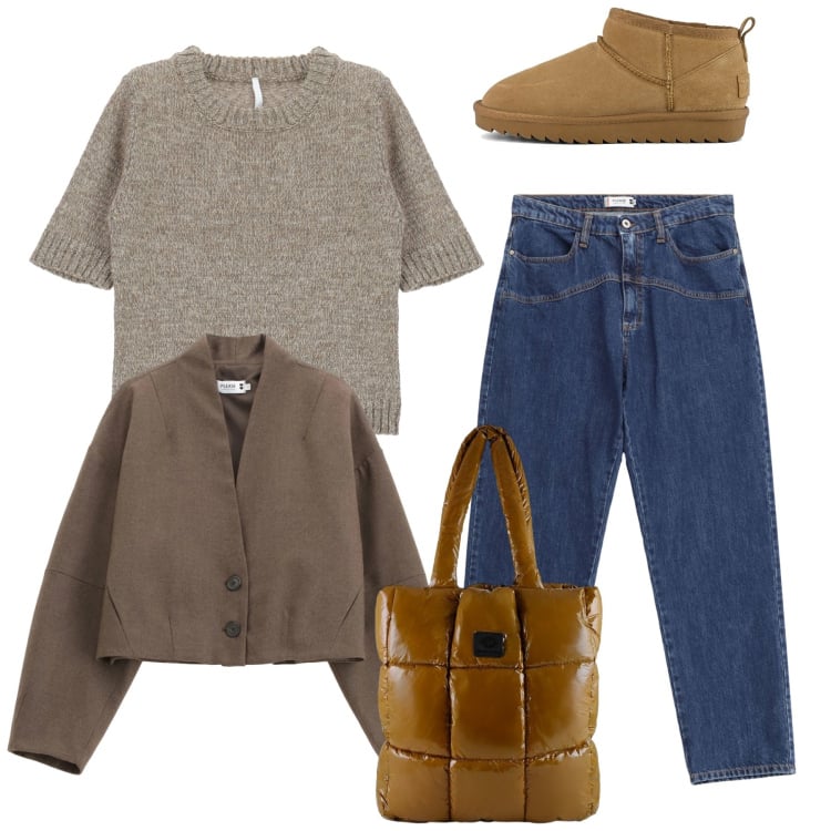 Outfit donna - Comfy in città. Stile Casual per Tutti i giorni. Abbinamento con maglieria, blazer, jeans, shopping bag, stivali.