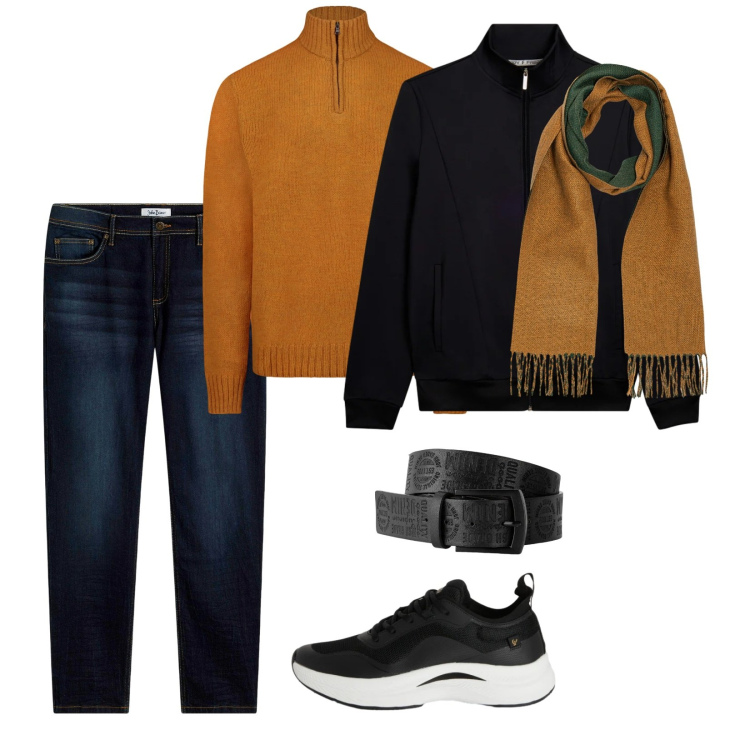 Outfit uomo - A spasso con Laki. per Tutti i giorni. Abbinamento con jeans slim fit, cinture, sneakers, bomber, maglieria, sciarpe.