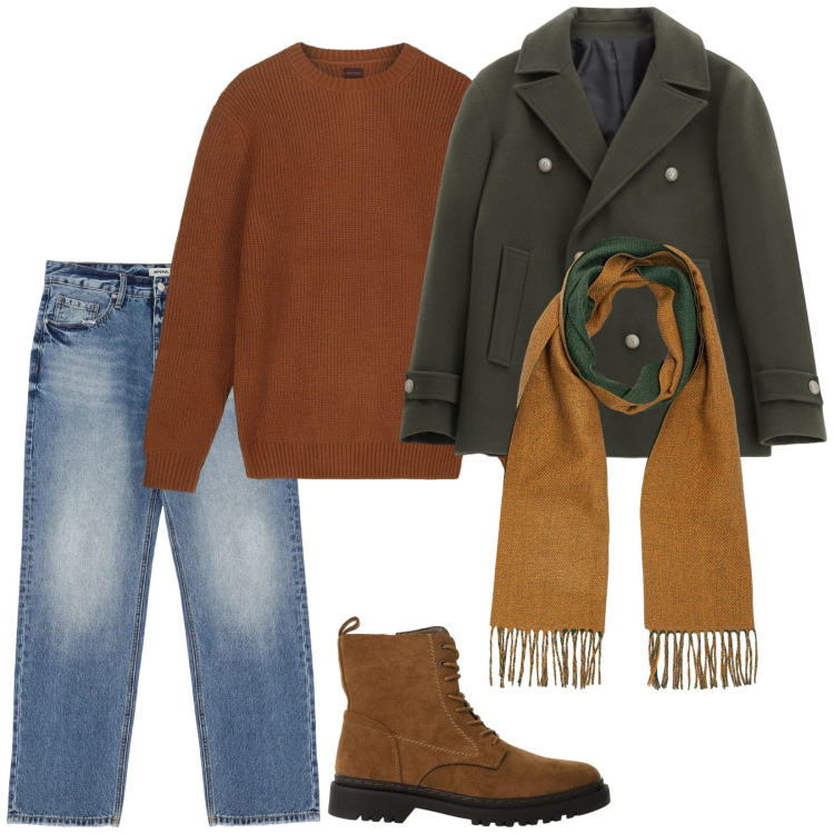 Outfit uomo - Casual chic. Stile Casual per Tutti i giorni. Abbinamento con jeans, anfibi, cappotti, sciarpe, maglieria.