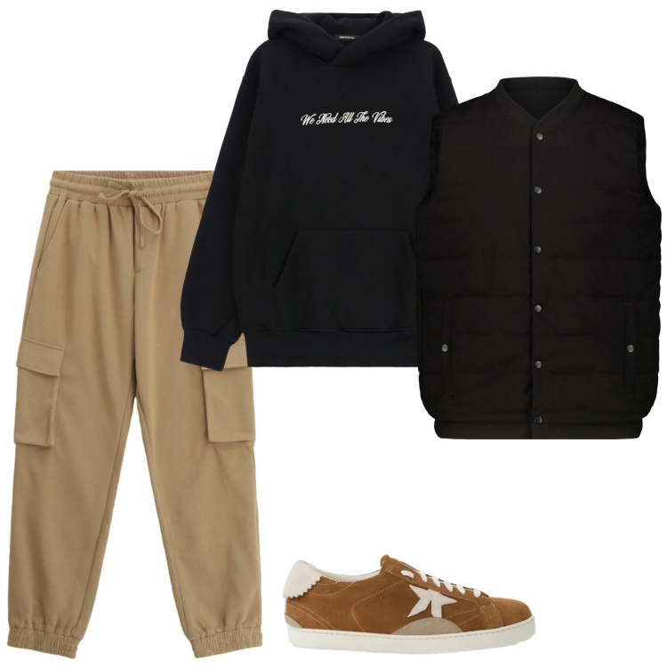 Outfit uomo - My teenager. Stile Casual per Tutti i giorni. Abbinamento con felpe con cappuccio, pantaloni cargo, sneakers, piumini.
