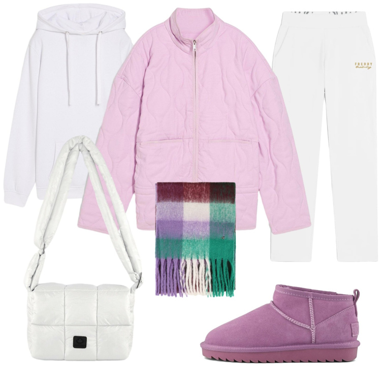 Outfit donna - L\'umore è importante. Stile Urban per Tutti i giorni. Abbinamento con giacche, felpe con cappuccio, sciarpe, pantaloni, borse a spalla, stivali.