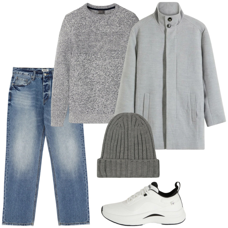 Outfit uomo - Today is grey. Stile Casual per Tutti i giorni. Abbinamento con maglieria, cappotti, jeans, sneakers, berretti.