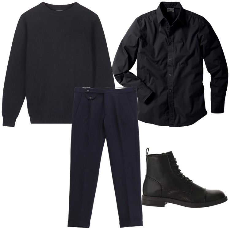 Outfit uomo - Total black. Stile Casual per Serata speciale. Abbinamento con camicie, anfibi, pantaloni, maglieria.