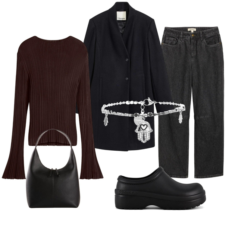 Outfit donna - Mi dai una mano?. Stile Casual per Tutti i giorni. Abbinamento con shopping bag, maglieria, jeans, cappotti, braccialetti, sandali.