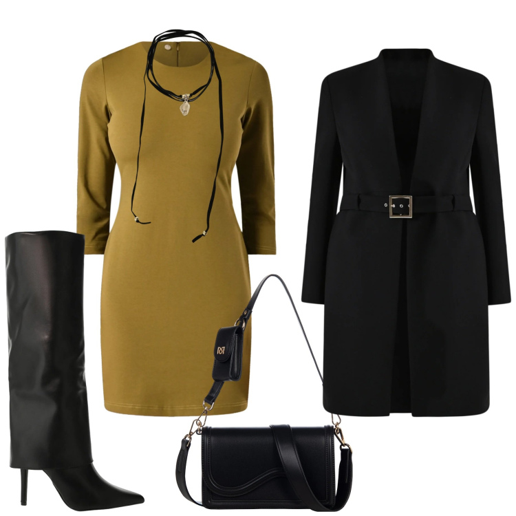 Outfit donna - Total look #2333405. Stile Chic per Serata fuori. Abbinamento con stivali, collane, vestiti a tubino, pochette, trench.