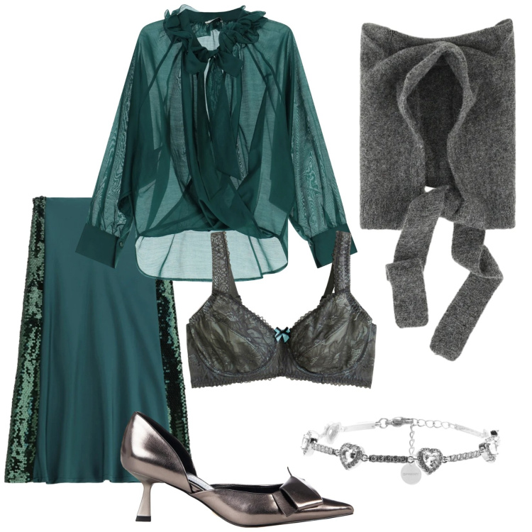 Outfit donna - Chic verde e argento. Stile Chic per Serata fuori. Abbinamento con reggiseni, bluse, cappotti, décolleté, gonne lunghe, braccialetti.