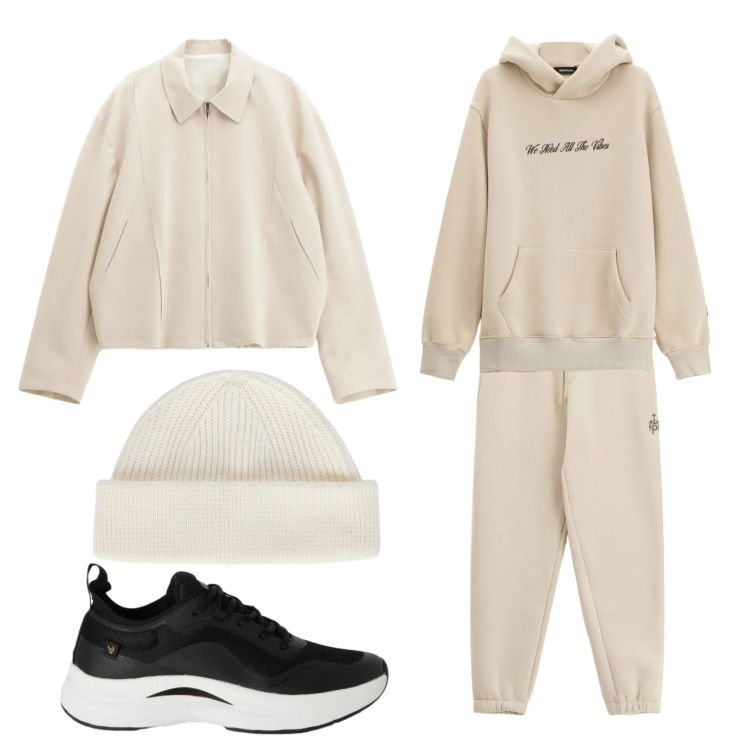 Outfit uomo - Mood relax in tinte neutre. Stile Casual per Tutti i giorni. Abbinamento con cappotti, pantaloni, felpe con cappuccio, sneakers, berretti.
