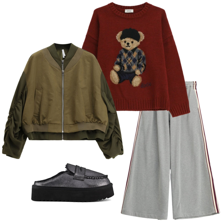 Outfit donna - Total look #2333410. Stile Sporty chic per Tutti i giorni. Abbinamento con bomber, maglieria, pantaloni, mocassini.