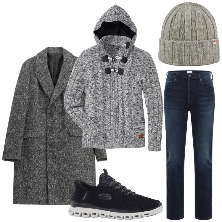 Outfit uomo - Total look #2333411. Stile Casual per Tutti i giorni. Abbinamento con maglieria, sneakers, jeans slim fit, cappotti, berretti.