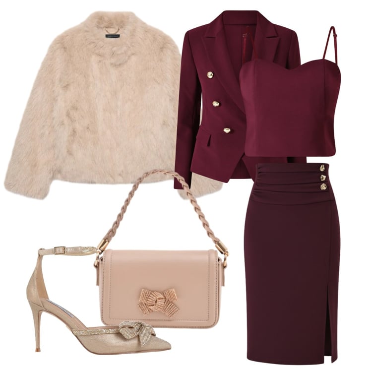 Outfit donna - Bordeaux e beige per s.valentino. Stile Romantica per Serata fuori. Abbinamento con décolleté, top, blazer, gonne longuette, pochette, ecopellicce.