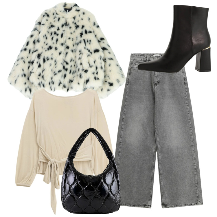 Outfit donna - Pranzo in città. Stile Casual chic per Tutti i giorni. Abbinamento con ecopellicce, stivaletti, top, jeans, borse tote.