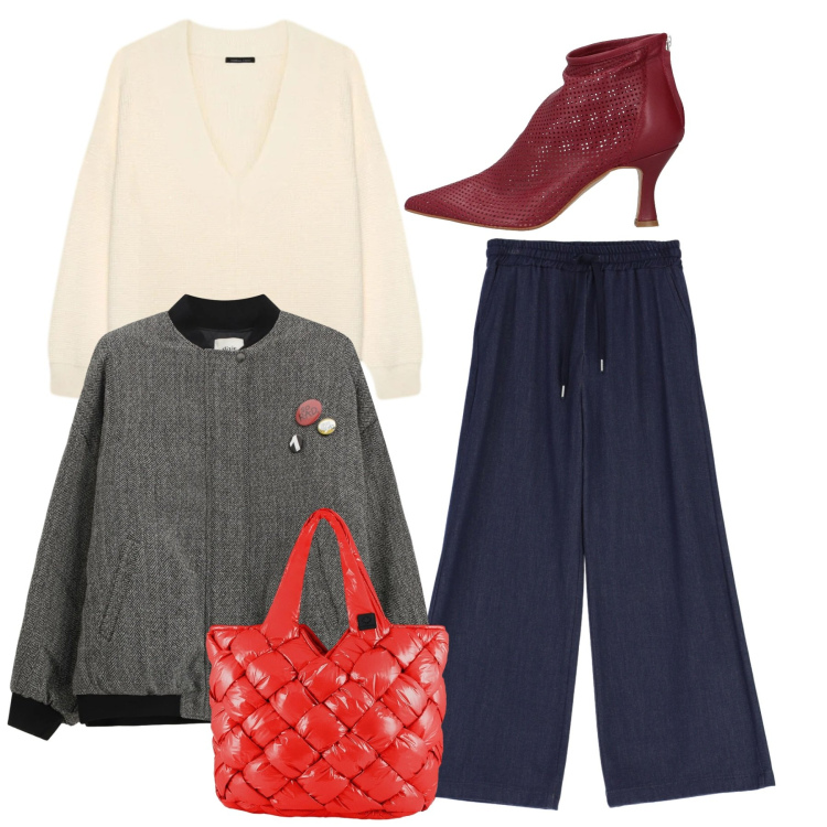 Outfit donna - Un po\' francese. Stile Chic per Tutti i giorni. Abbinamento con stivaletti, bomber, jeans, borse tote, maglieria.