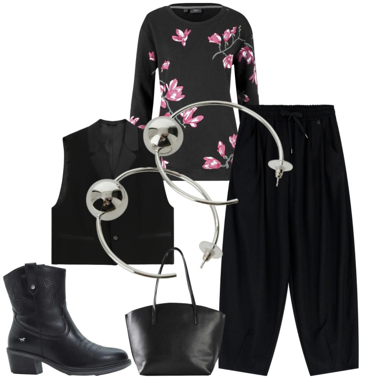 Outfit donna - Total look #2333481. Stile Chic per Tutti i giorni. Abbinamento con felpe, stivaletti texani, shopping bag, gilet, pantaloni a palazzo, orecchini.