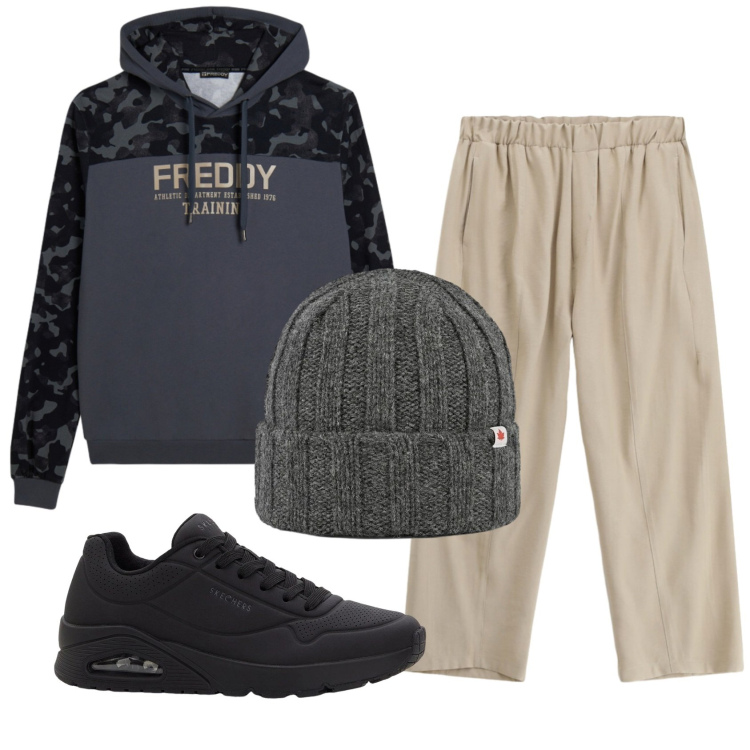 Outfit uomo - Total look #2333502. Stile Casual per Tutti i giorni. Abbinamento con sneakers, pantaloni, felpe con cappuccio, berretti.