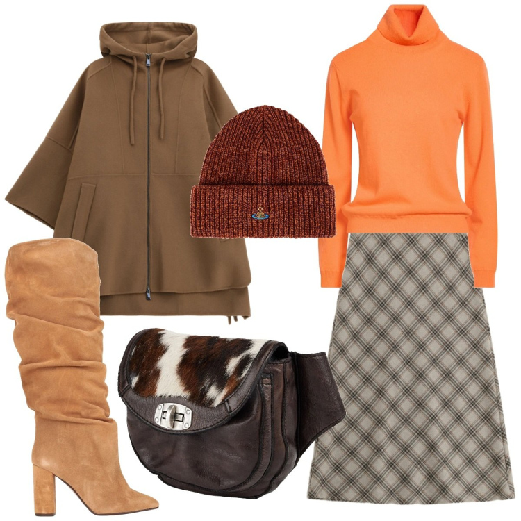 Outfit donna - Molto Glamour. Stile Glamour per Tutti i giorni. Abbinamento con stivali, marsupi, maglieria, cappelli, cappotti, gonne longuette.