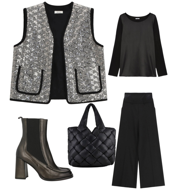 Outfit donna - Nero e argento con amore. Stile Romantica per Serata fuori. Abbinamento con stivaletti chelsea, pantaloni a palazzo, gilet, borse tote, bluse.
