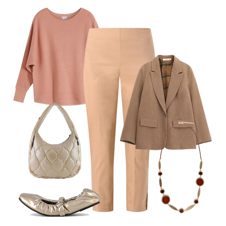 Outfit donna - Stile curvy. Stile Casual chic per Ufficio. Abbinamento con maglieria, pantaloni skinny, blazer, borse tote, ballerine, collane.