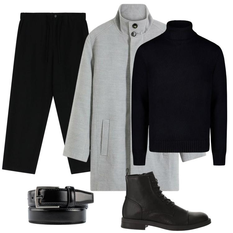 Outfit uomo - Total look #2333544. Stile Business/Elegante per Ufficio. Abbinamento con cappotti, pantaloni, anfibi, maglieria, cinture.