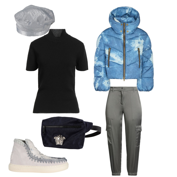 Outfit donna - Blue Sky Street. Stile Urban per Tutti i giorni. Abbinamento con pantaloni cargo, stivaletti, cappelli e berretti, maglieria, marsupi, piumini.