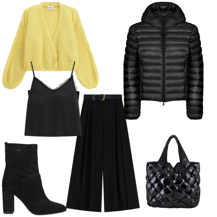 Outfit donna - Giallo!. Stile Minimal per Tutti i giorni. Abbinamento con stivaletti, pantaloni a palazzo, top, cardigans, bomber, borse tote.