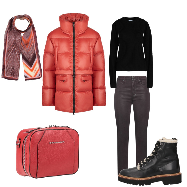 Outfit donna - Red Winter Vibe. Stile Urban per Tutti i giorni. Abbinamento con stivaletti, jeans, sciarpe, marsupi, pullovers, piumini.