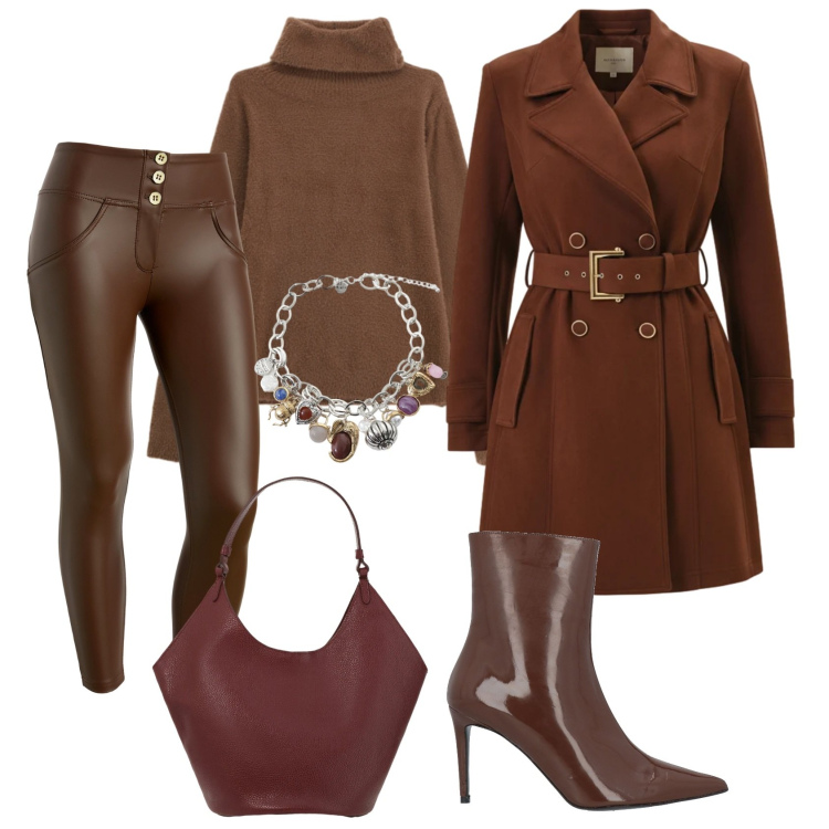 Outfit donna - Total look #2333579. Stile Casual chic per Ufficio. Abbinamento con stivaletti, braccialetti con ciondoli, borse a spalla, trench, maglieria, pantaloni skinny.