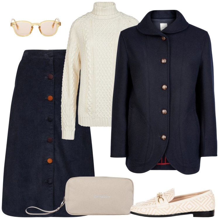 Outfit donna - Blu e panna. Stile Casual chic per Ufficio. Abbinamento con occhiali da sole, mocassini, valigie, gonne longuette, blazer, maglieria.