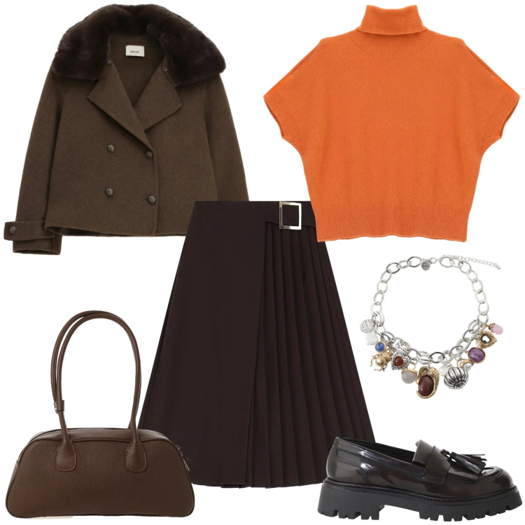 Outfit donna - Un po\' di colore. Stile Casual chic per Tutti i giorni. Abbinamento con gonne longuette, maglieria, braccialetti con ciondoli, blazer, mocassini, borse a mano.