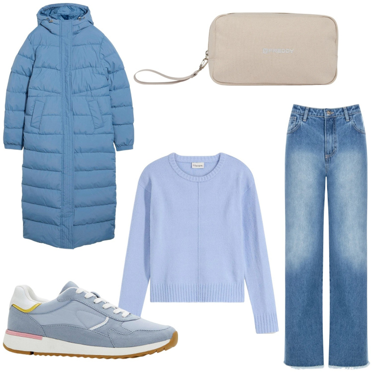 Outfit donna - Colori pastello in inverno. Stile Romantica per Tutti i giorni. Abbinamento con sneakers, maglieria, cappotti, jeans dritti, valigie.