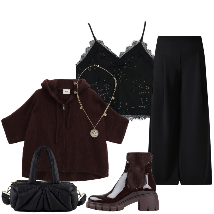 Outfit donna - San Valentino Curvy mood. Stile Casual chic per Serata fuori. Abbinamento con stivaletti, top, cardigans, ciondoli, pantaloni a palazzo, borse a mano.